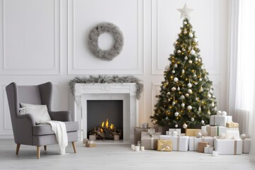 Modern Living Room With Fireplace, Christmas Tree, Gift Boxes And Armchair.