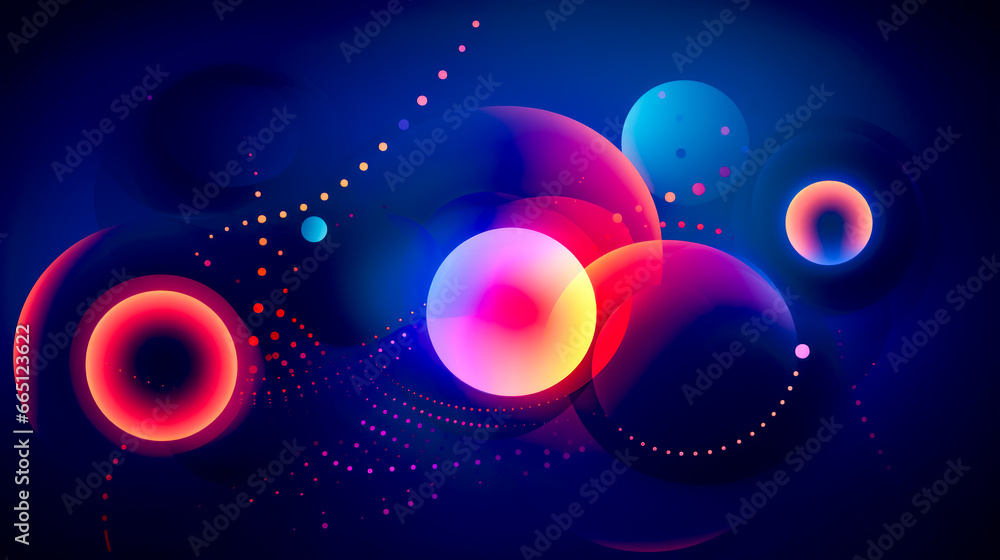 Poster colorful abstract background with circles and dots on dark blue and red background.