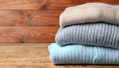Pile of knitted winter clothes on wooden background, sweaters, knitwear, space for text generated ai