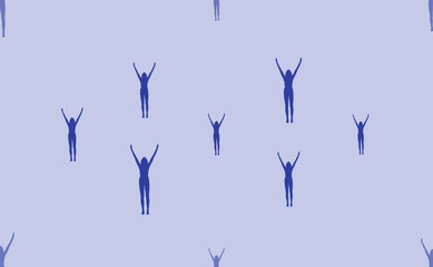 Seamless pattern of large isolated blue woman stretches symbols. The pattern is divided by a line of elements of lighter tones. Vector illustration on light blue background