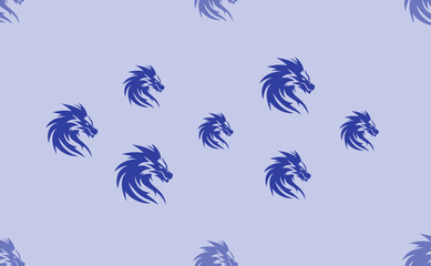Seamless pattern of large isolated blue dragon's head symbols. The pattern is divided by a line of elements of lighter tones. Vector illustration on light blue background