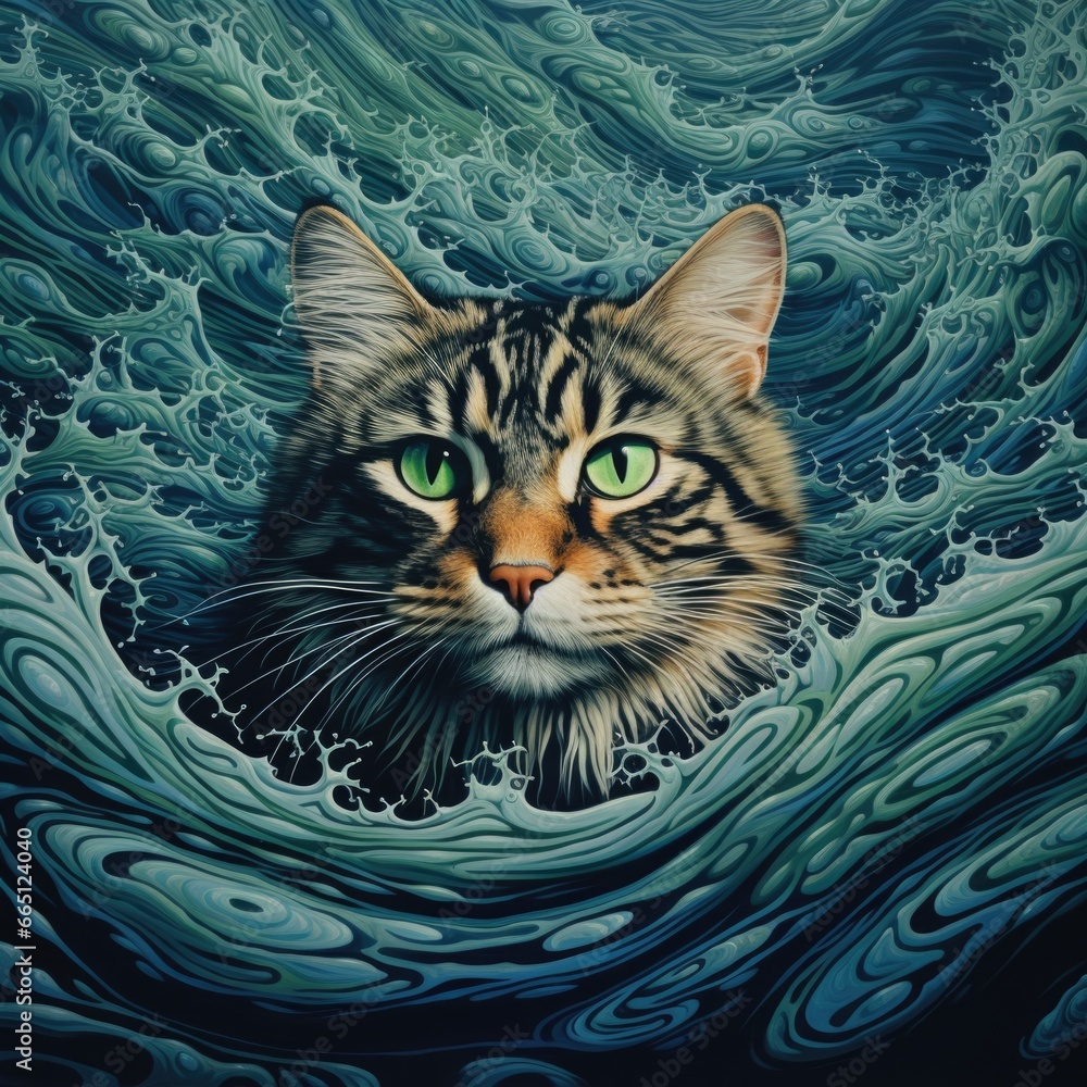 Poster a painting of a cat in the middle of a wave. generative ai.