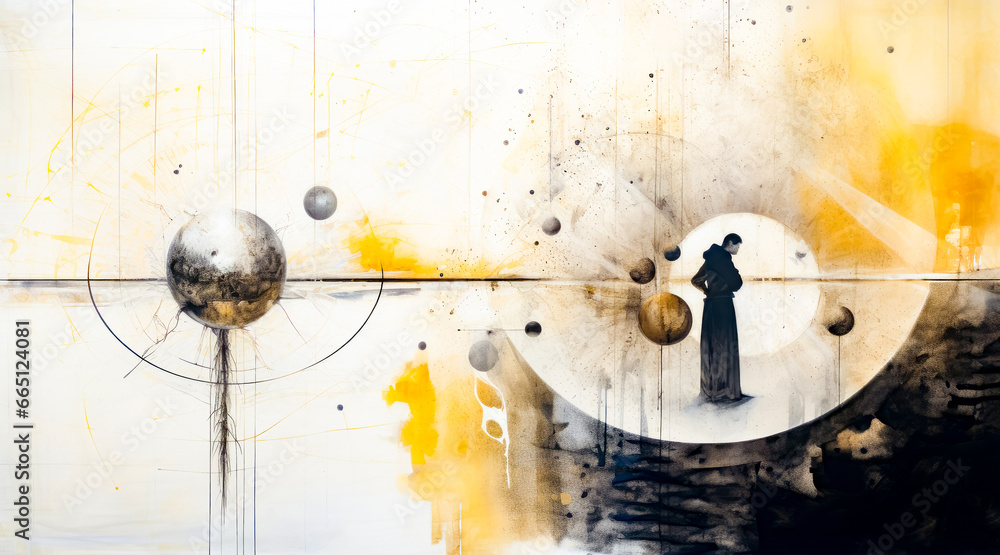 Wall mural Painting of woman standing in front of abstract background with circles and balls.