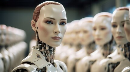 A close-up of a group of robot mannequins. Generative AI.