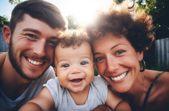 Family photo of mother, father, and their baby are smiling for a picture. Generative AI.