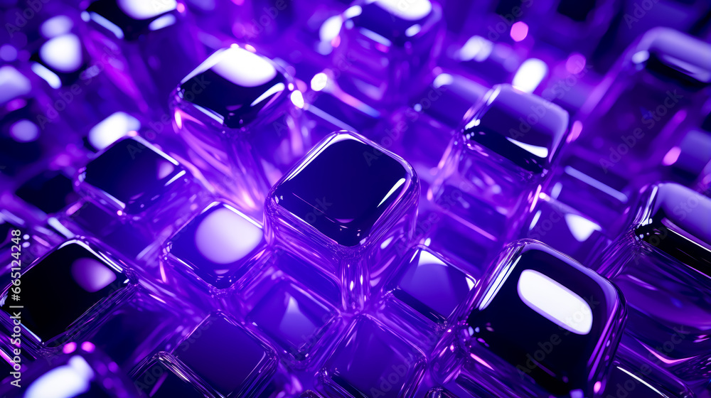 Poster close up of computer keyboard with purple and white squares on it.
