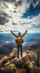 Traveler standing on top of a mountain with hands raised up , mission success and goal achieved, active tourism and mountain travel