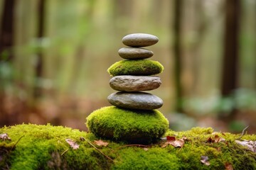 Pyramid stones balance on old mossy fallen tree.