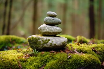 Pyramid stones balance on old mossy fallen tree.