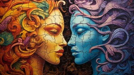 mosaic illustration of two women. - obrazy, fototapety, plakaty