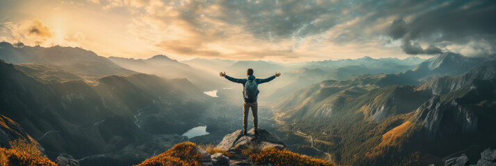 Traveler standing on top of a mountain with hands raised up , mission success and goal achieved, active tourism and mountain travel - Powered by Adobe