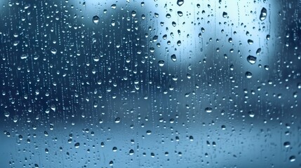 Raindrops on the window. Blue tone.