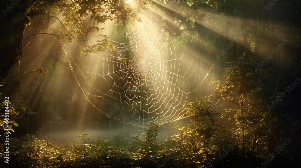 Poster a spider web in the middle of a forest with sunlight streaming through it. generative ai