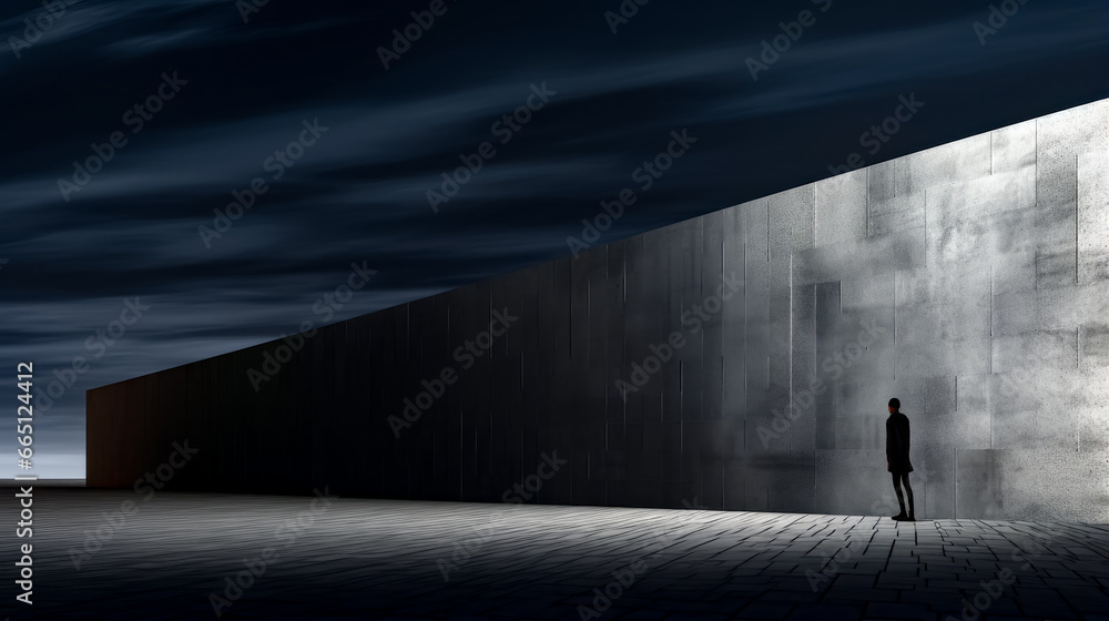 Poster man in suit and tie standing in front of building at night.