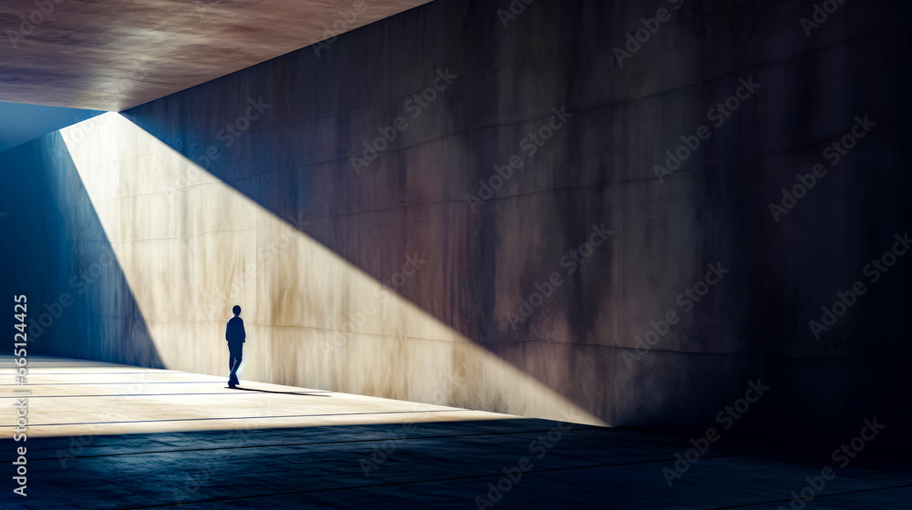 Poster man standing in the middle of room with shadow on the wall.