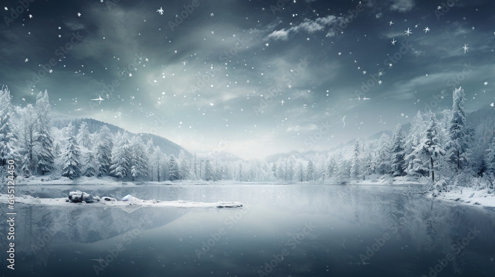 Poster a snowy scene with a lake and trees in the foreground. generative ai