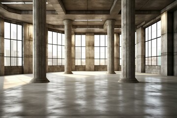 Spacious, contemporary, concrete room with natural light, columns, and rugged floor - industrial backdrop template. Generative AI
