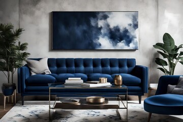 A detailed portrayal of a Canvas Frame for a mockup in a modern living room with a dark blue sofa, juxtaposed with a sleek glass coffee table reflecting the subtle hues of the canvas