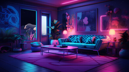 A dreamy neon room background, where delicate pastel neons cast soft glows against the dark room, creating a whimsical and serene ambiance amidst the high-tech setting