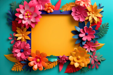 Flowers and leaves surround empty copy space. Yellow blank rectangular bord with surrounding flowers. Mockup. Background for publications and presentations