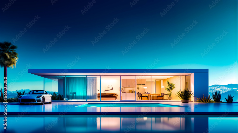 Aufkleber house with pool in front of it and view of the ocean.