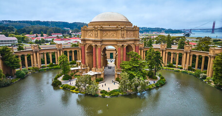 Lagoon around Palace of Fine Arts open air rotunda and colonnade aerial