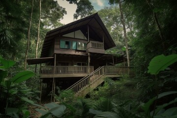 Fototapeta na wymiar Luxurious two-storey jungle bungalow. Generative AI