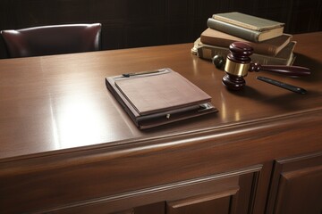 Wooden desk with judge's gavel. Generative AI