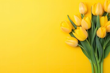 Obraz premium Top view design of holiday greeting tulip flower bouquet on bright yellow Background.