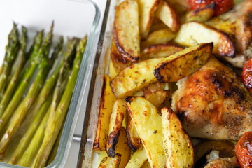 Home cooked food. Fried chicken with potatoes, tomatoes and asparagus.