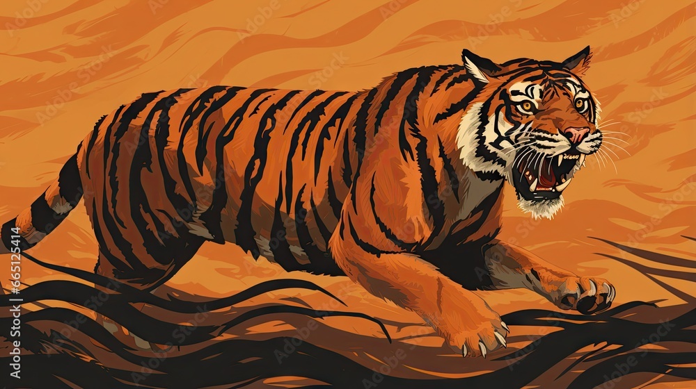 Aufkleber a picture of a tiger running across a field of grass. generative ai