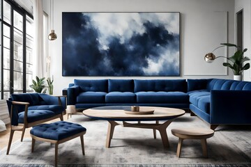A detailed portrayal of a Canvas Frame for a mockup in a modern living room with a dark blue sofa, juxtaposed with a sleek glass coffee table reflecting the subtle hues of the canvas