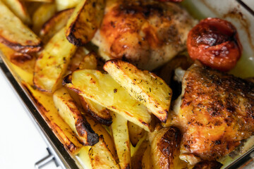 Home cooked food. Fried chicken with potatoes, tomatoes and asparagus.