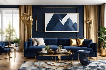 A Canvas Frame for a mockup, standing out in a modern living room complemented by the rich depth of a dark blue sofa and accented by gold-toned decorative pieces placed strategically around