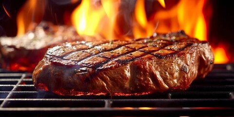 Beef ribeye steak grilling on a flaming grill.