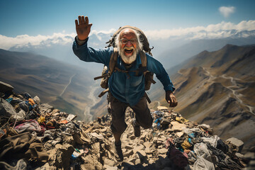 hiker say hi and happy in the mountains. - obrazy, fototapety, plakaty