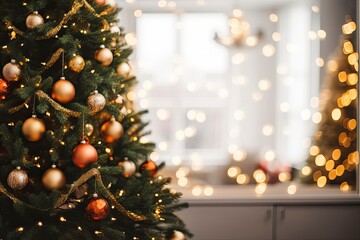 Fototapeta na wymiar Defocused Christmas tree with many different decorations.