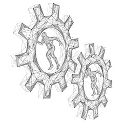 People running inside the gears. Polygonal design. White background.