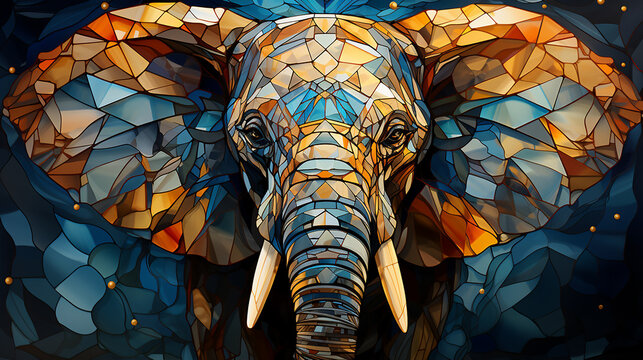 an elephant in a stained-glass window with a pattern.