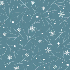 Fototapeta na wymiar Seamless pattern with winter frosty ornament. Snowflakes of different shapes, against the background of white tree branches. Abstract vector graphics.