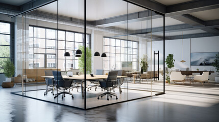 Modern and stylish office with transparent glass walls. Professional working environment, interior design, where aesthetics are combined with functionality, contributing to productivity and comfort  - obrazy, fototapety, plakaty