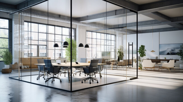 Modern and stylish office with transparent glass walls. Professional working environment, interior design, where aesthetics are combined with functionality, contributing to productivity and comfort 