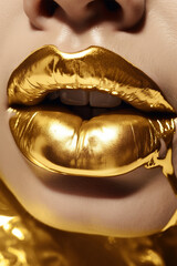 Spots of gold paint flow from the lips. lip gloss dripping from sexy lips, golden drops of liquid close-up.