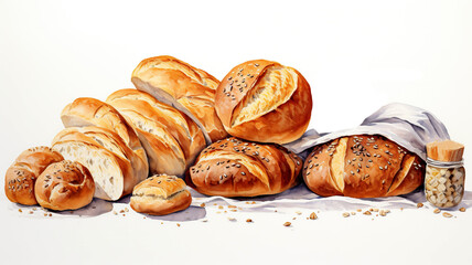 Freshly baked bread and rolls on a white background. Bakery products. Illustration for cooking book cover. Watercolor painting.