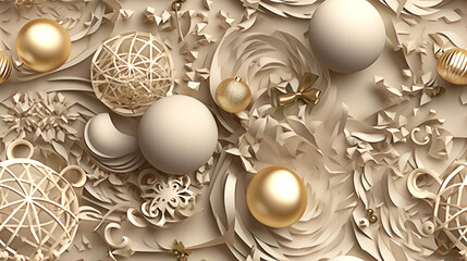 Realistic seamless abstract Christmas 3d pattern with balls, bows and origami in gold color. 3d rendering decoration. New Year.