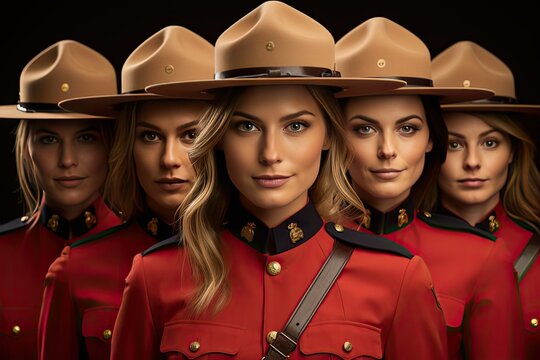 female canadian police woman uniform in red hat is smiling