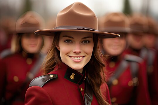 female canadian police woman uniform in red hat is smiling