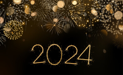 2024 greeting card with gold fireworks and sparkling numbers