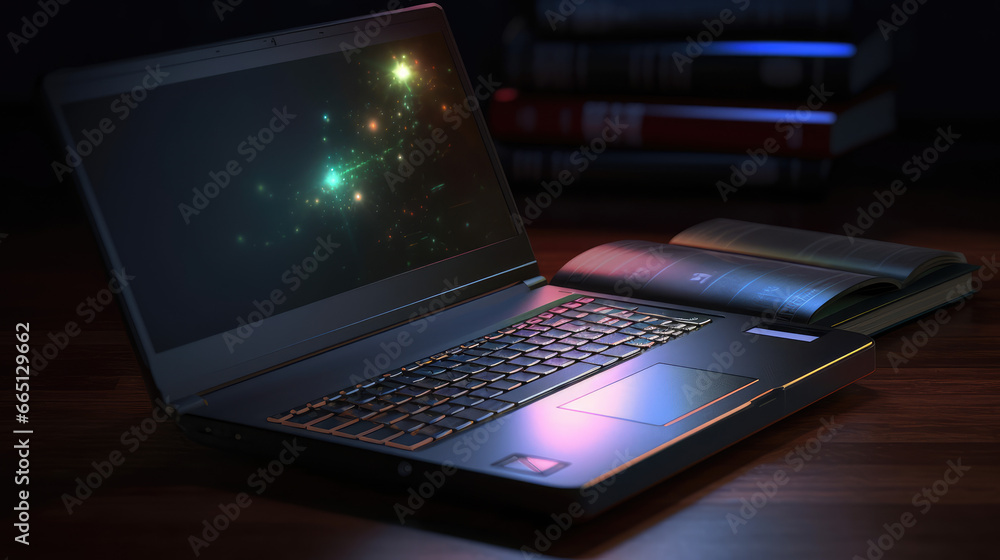 Aufkleber concept of e-learning technology, graphic of realistic computer notebook with book's pages as screen