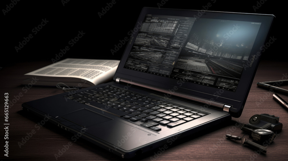 Aufkleber concept of e-learning technology, graphic of realistic computer notebook with book's pages as screen